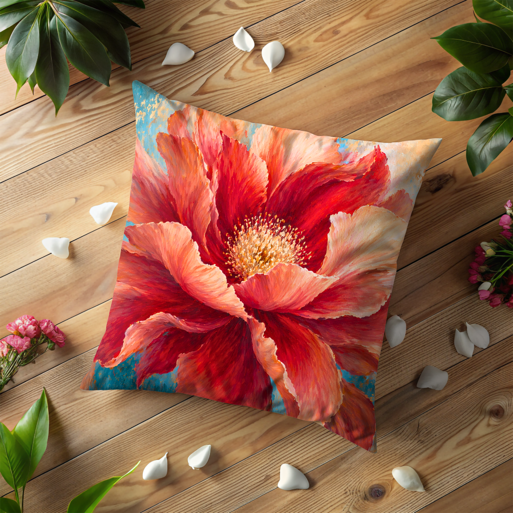 Red Orange Bloom Pillow Cover | Vibrant Floral Art | Elegant Decor