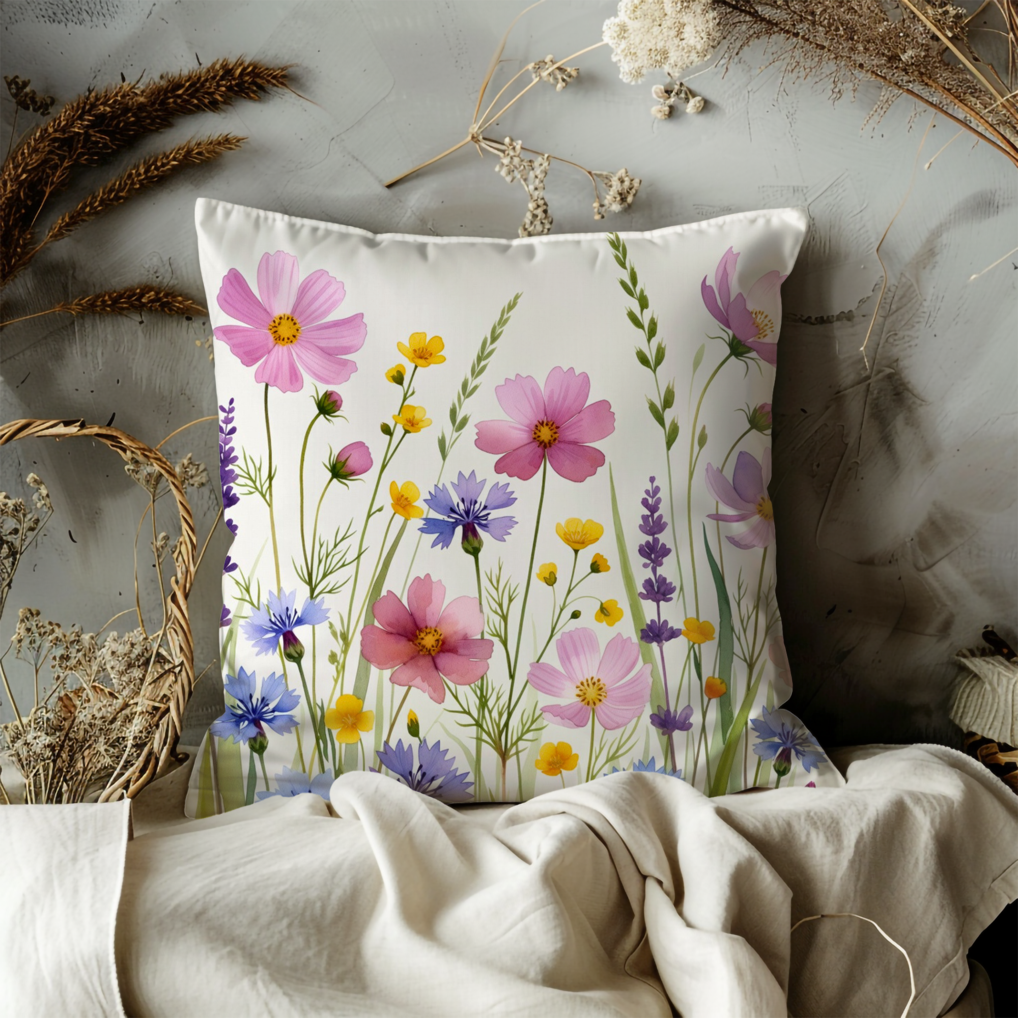 Colorful Cosmos Wildflowers Pillow Cover – Vibrant Floral Art | Cottagecore Decor