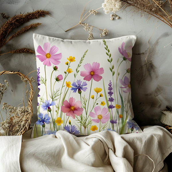 Colorful Cosmos Wildflowers Pillow Cover – Vibrant Floral Art | Cottagecore Decor