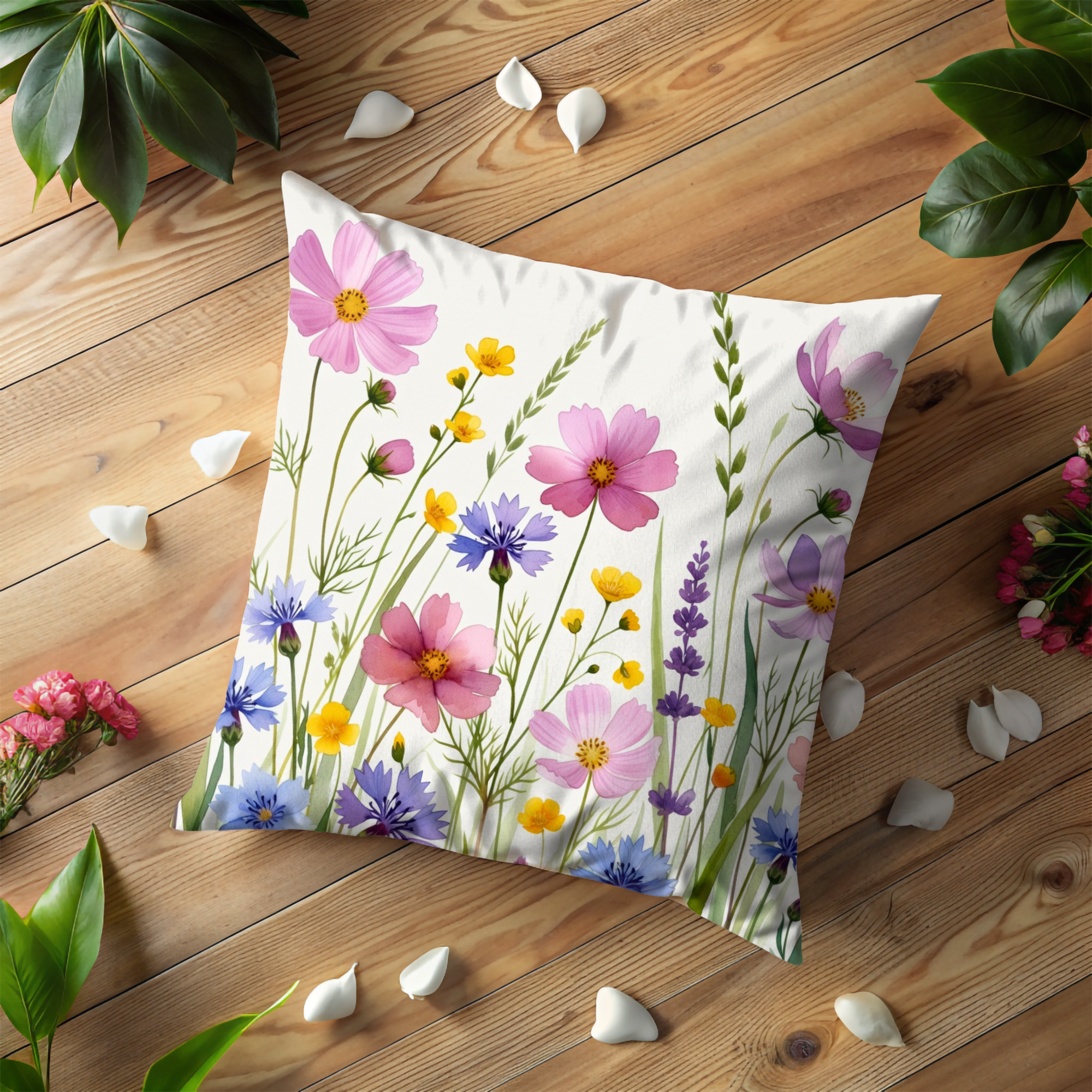 Colorful Cosmos Wildflowers Pillow Cover – Vibrant Floral Art | Cottagecore Decor