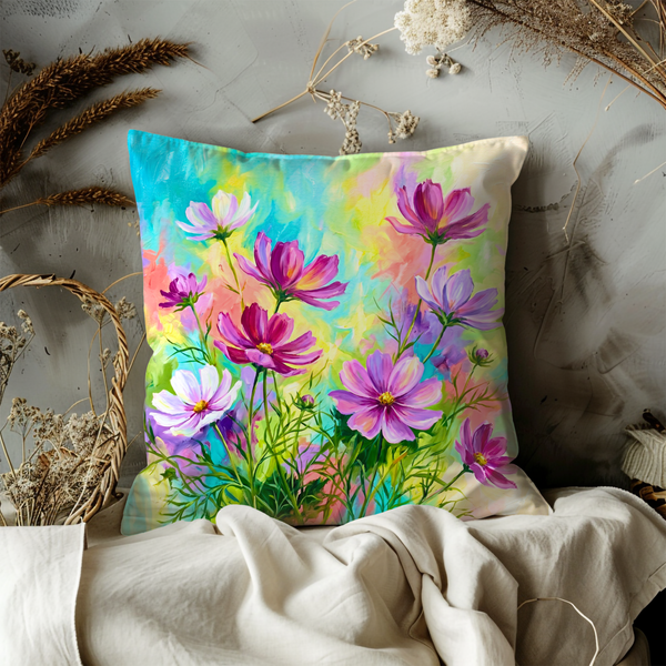 Colorful Cosmos Pillow Cover – Vibrant Floral Art | Cheerful Nature Decor