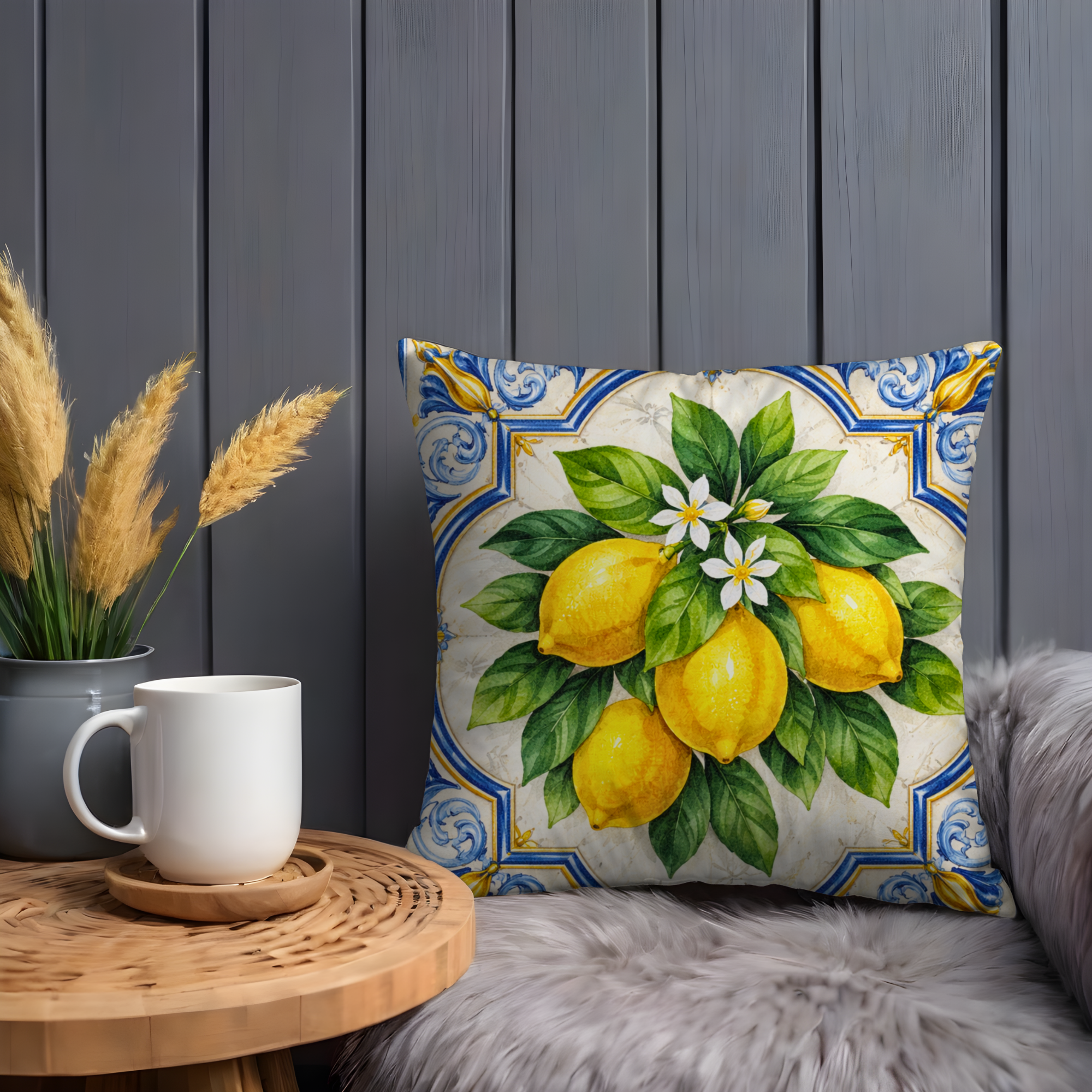 Lemon Tile Pillow Cover | Mediterranean Fruit Art | Kitchen Decor