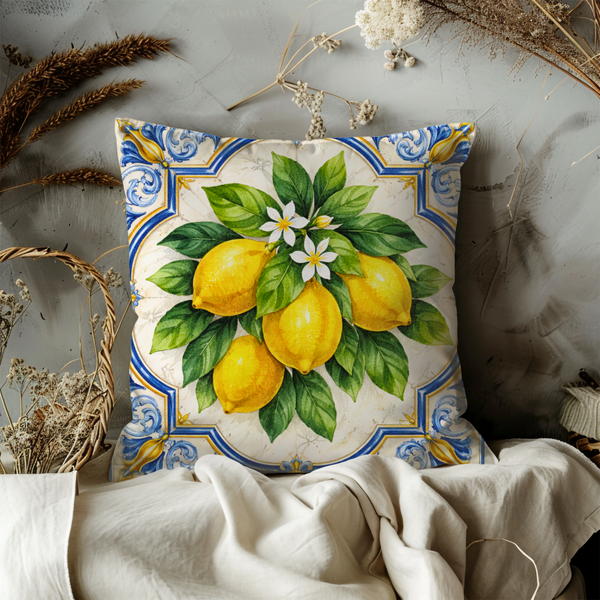 Lemon Tile Pillow Cover – Mediterranean Fruit Art | Kitchen Decor
