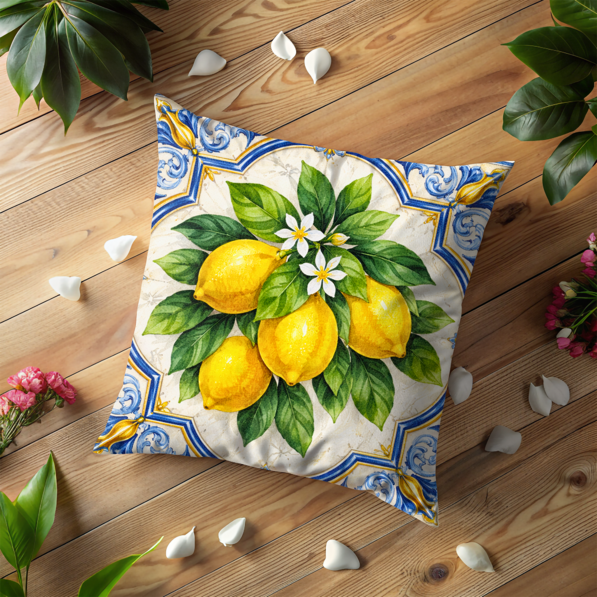 Lemon Tile Pillow Cover | Mediterranean Fruit Art | Kitchen Decor