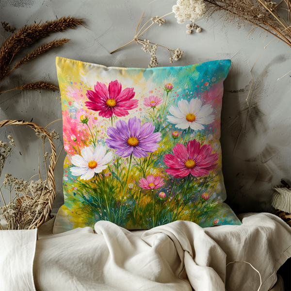 Colorful Cosmos Flower Pillow Cover – Vibrant Floral Art | Cottagecore Decor