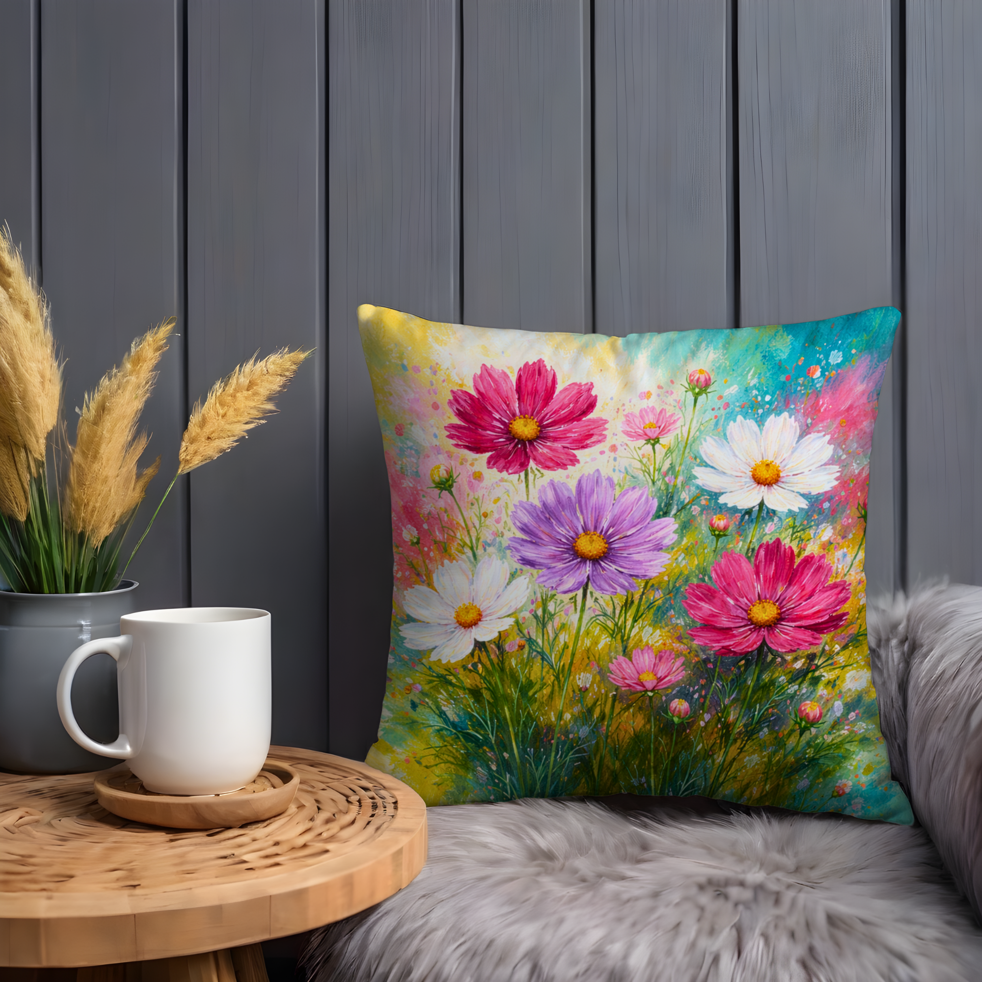 Colorful Cosmos Flower Pillow Cover | Vibrant Floral Art | Cottagecore Decor