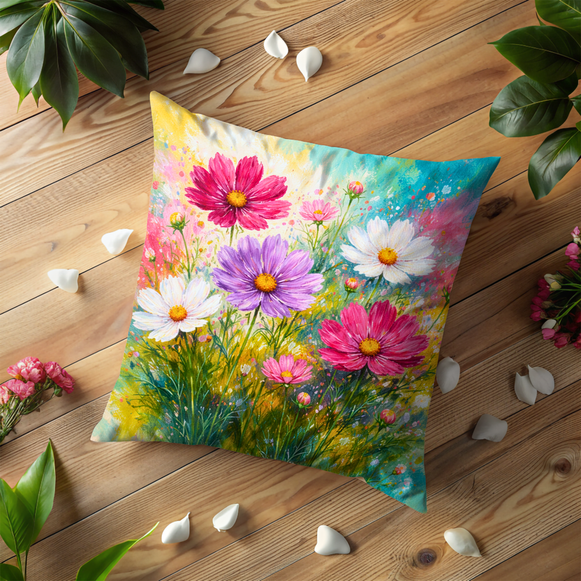 Colorful Cosmos Flower Pillow Cover – Vibrant Floral Art | Cottagecore Decor