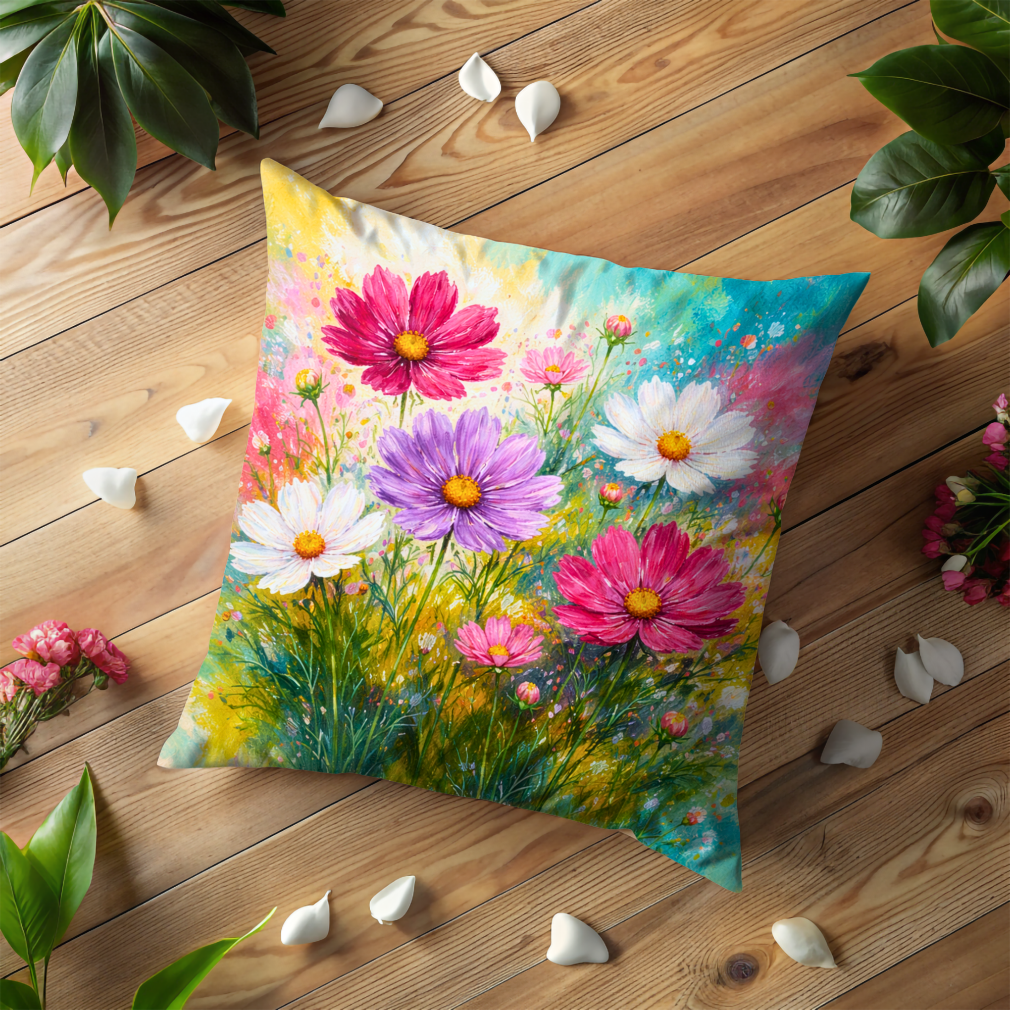 Colorful Cosmos Flower Pillow Cover | Vibrant Floral Art | Cottagecore Decor