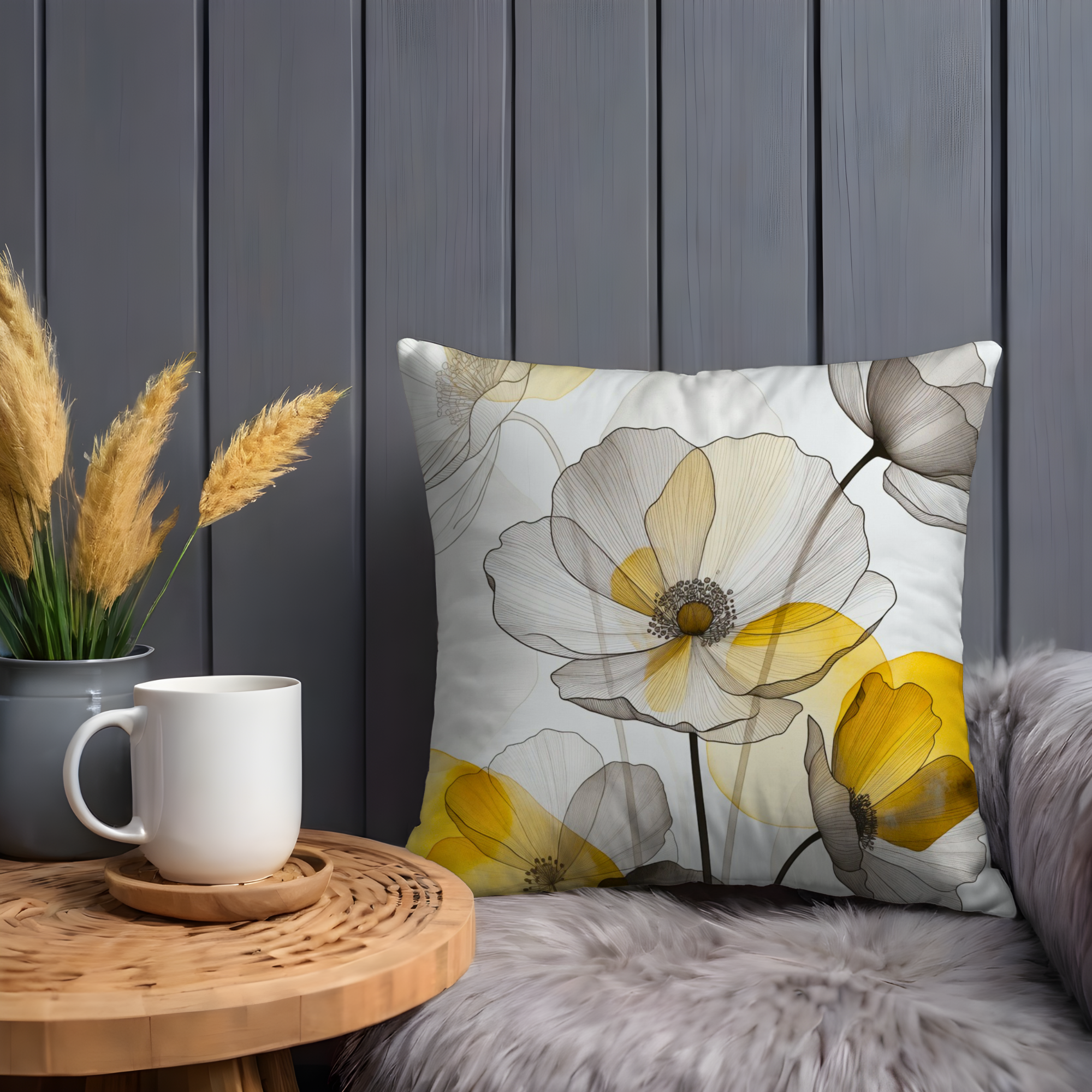 Yellow Gray Poppy Pillow Cover | Line Art Floral | Modern Decor