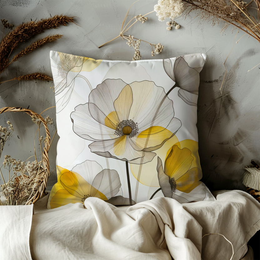 Yellow Gray Poppy Pillow Cover – Line Art Floral | Modern Decor