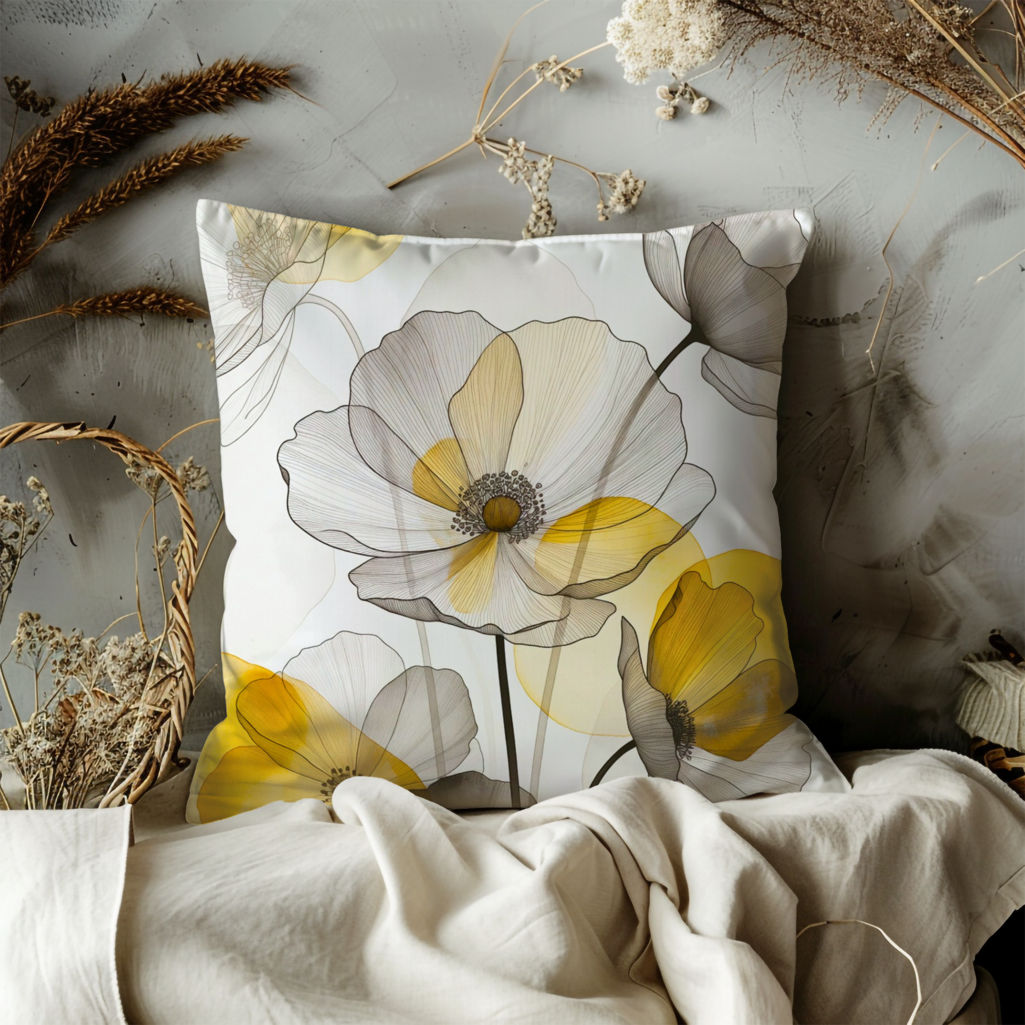 Yellow Gray Poppy Pillow Cover | Line Art Floral | Modern Decor