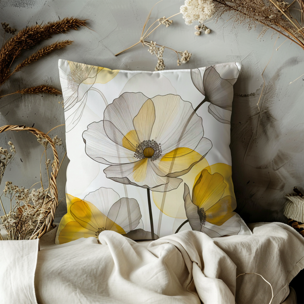 Yellow Gray Poppy Pillow Cover – Line Art Floral | Modern Decor