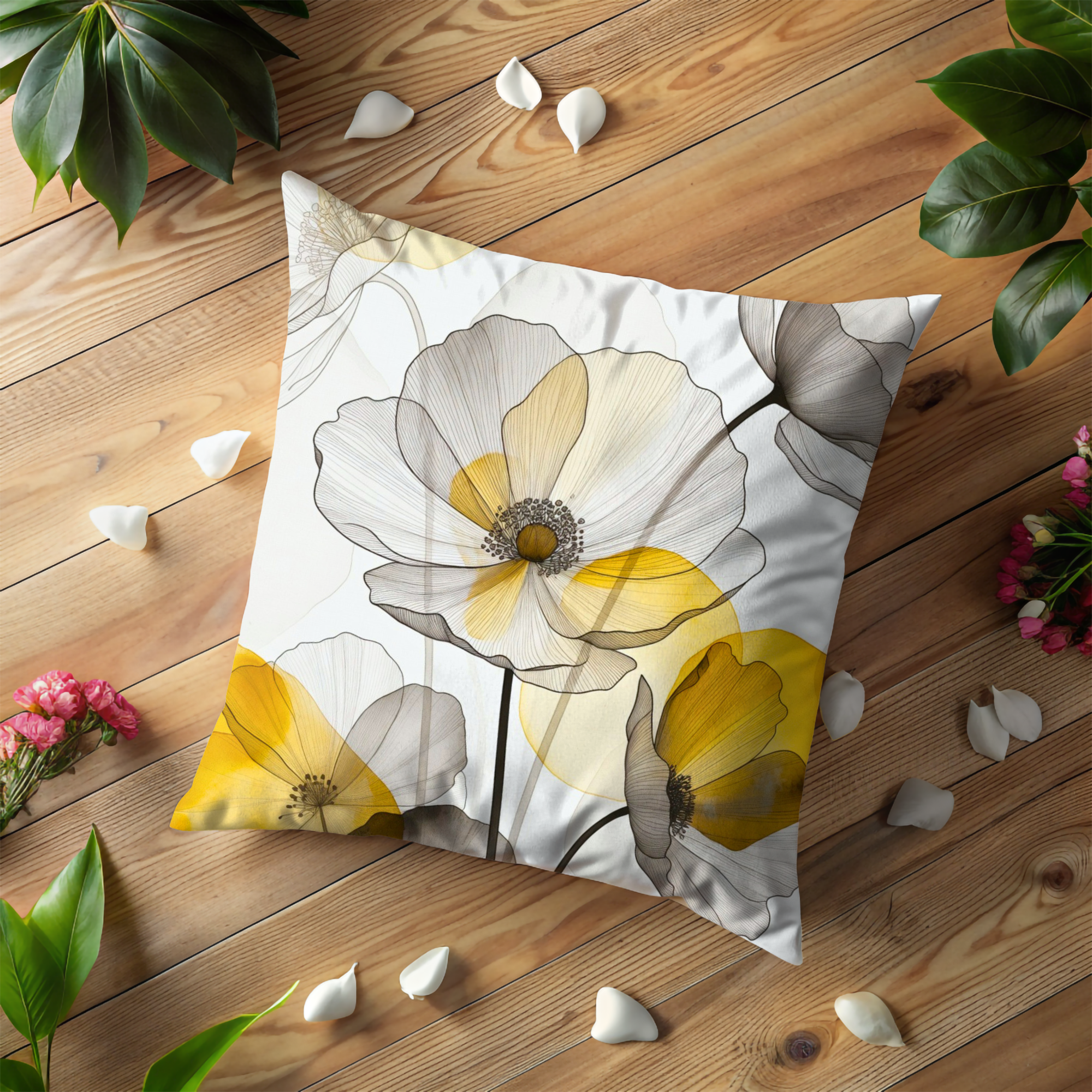 Yellow Gray Poppy Pillow Cover | Line Art Floral | Modern Decor
