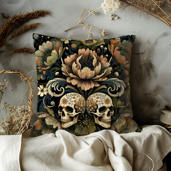 Skull Floral Pillow Cover – Gothic Floral Art | Bold Nature Decor