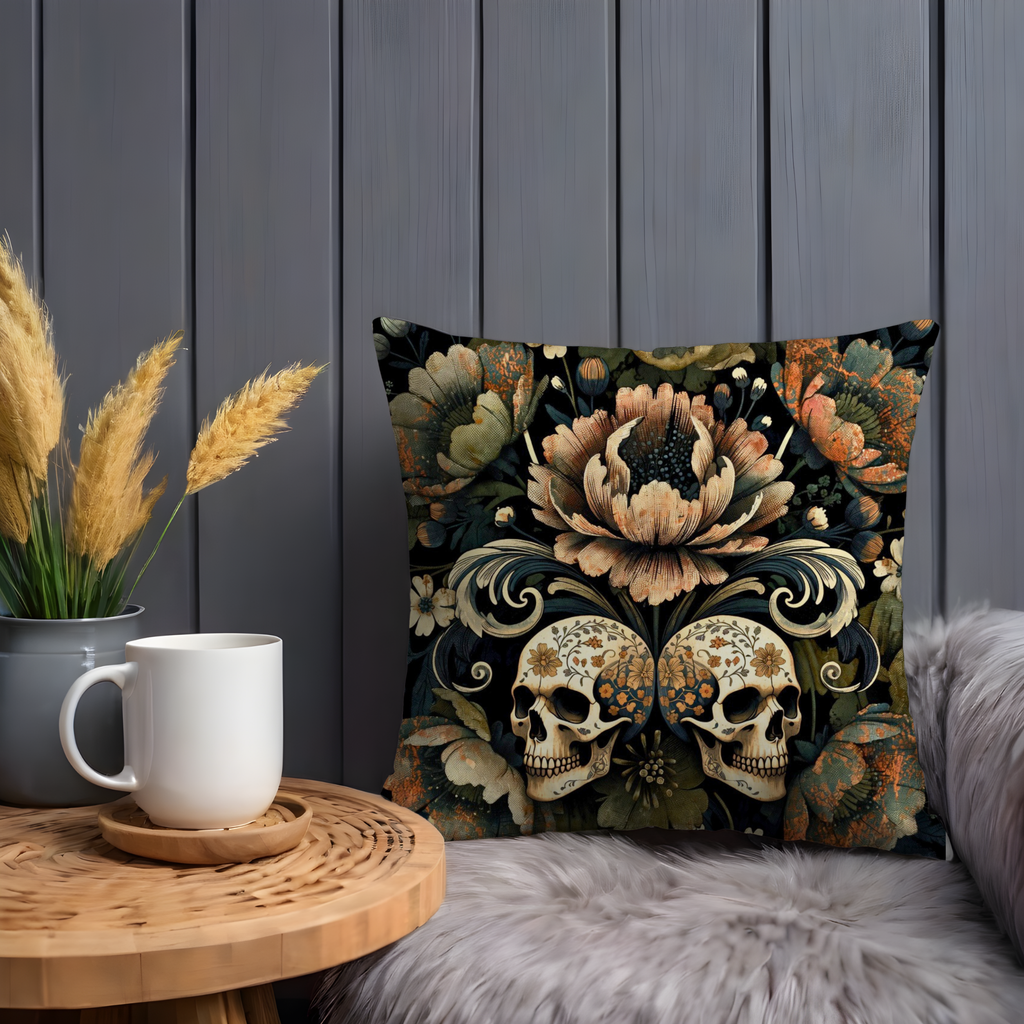 Skull Floral Pillow Cover | Gothic Floral Art | Bold Nature Decor