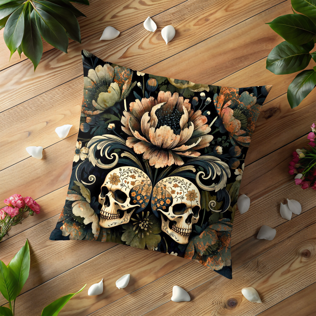 Skull Floral Pillow Cover | Gothic Floral Art | Bold Nature Decor