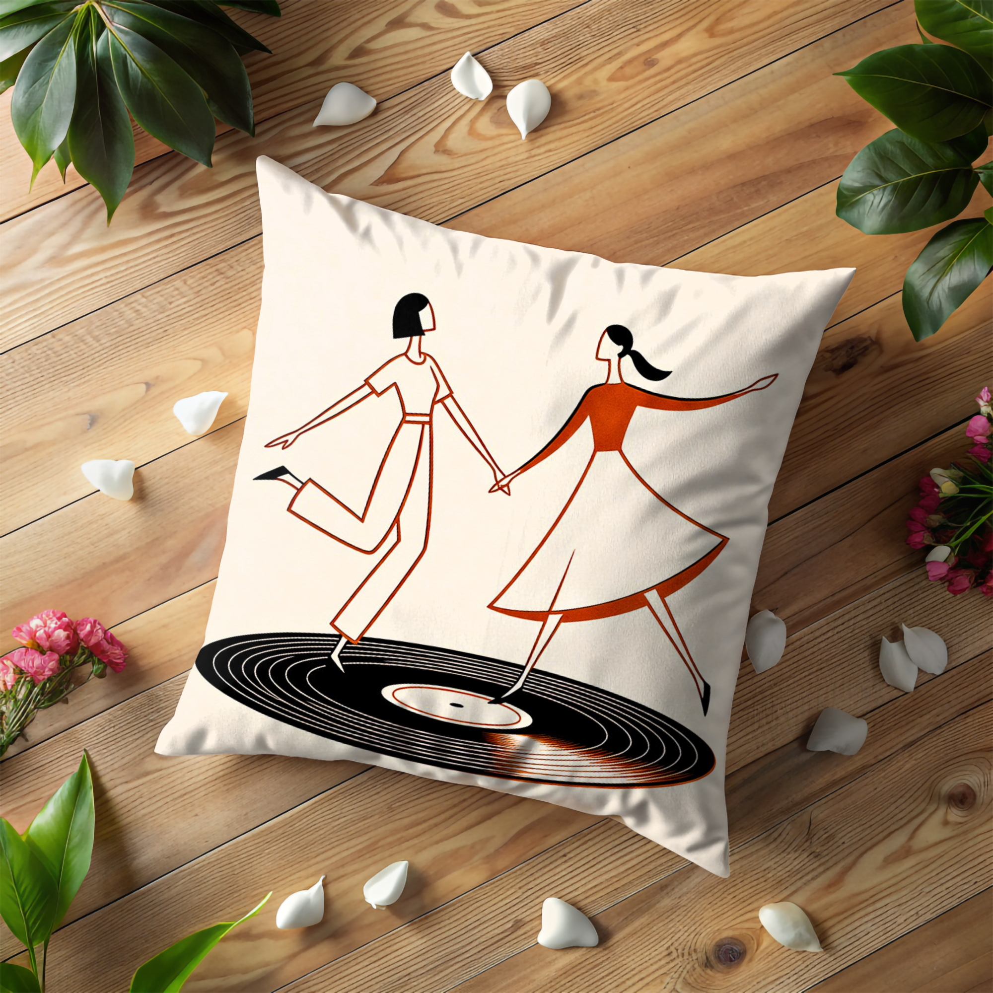 Dancing Women Vinyl Pillow Cover | Retro Art | Music Decor