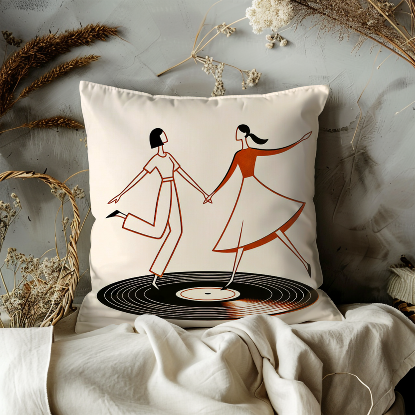 Dancing Women Vinyl Pillow Cover – Retro Art | Music Decor