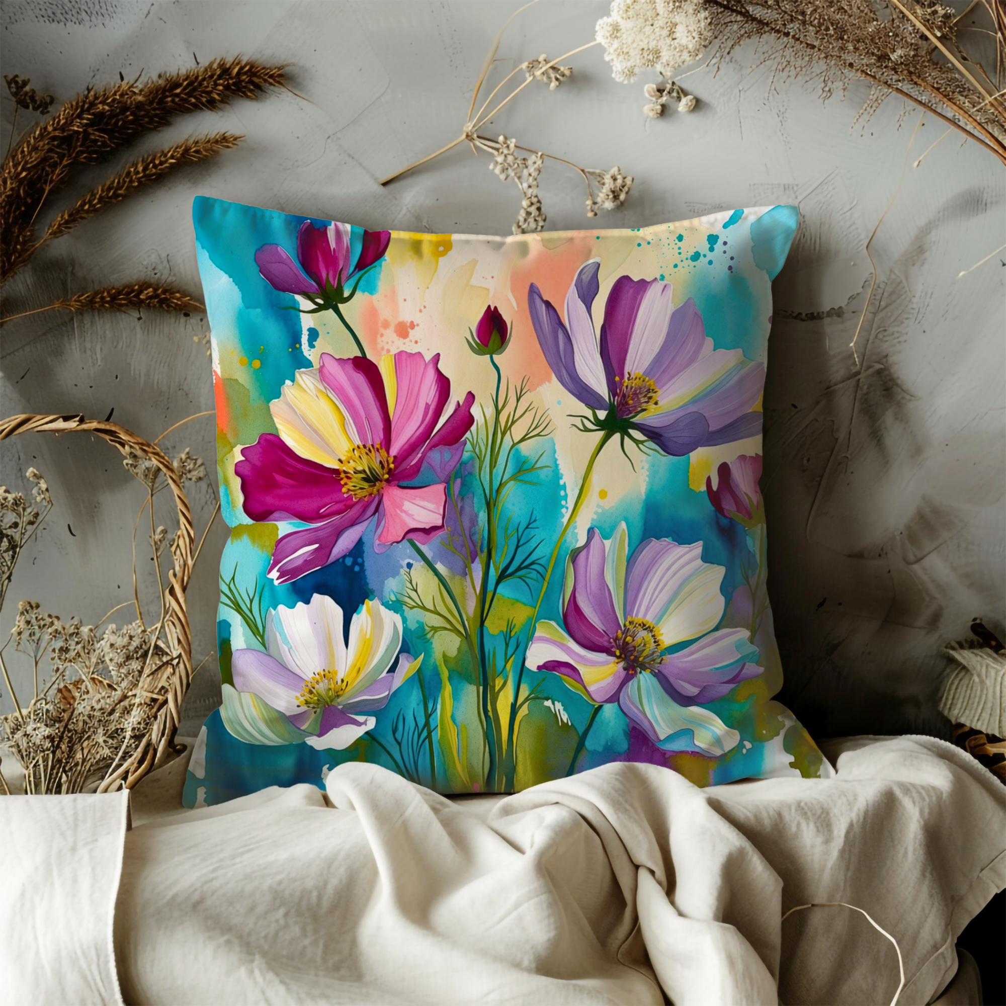 Vibrant Cosmos Pillow Cover | Colorful Floral Art | Cheerful Nature Decor