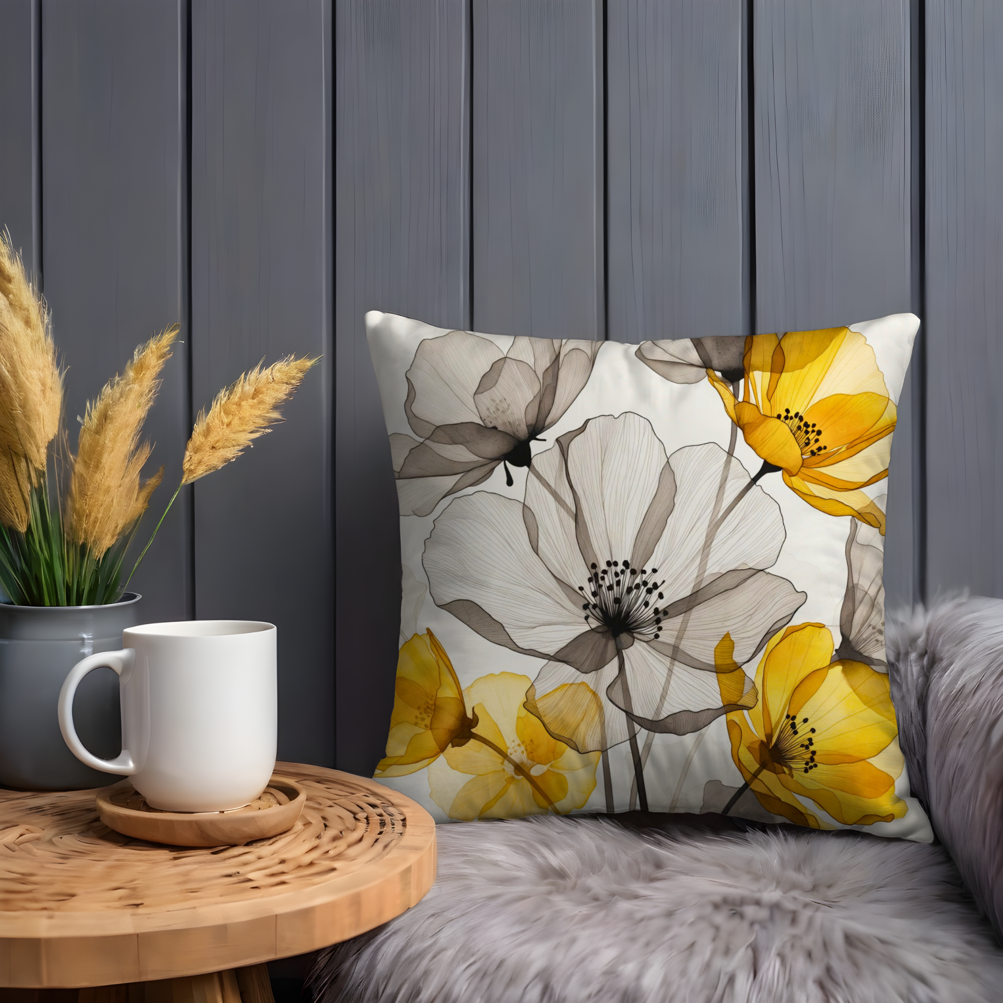 Yellow Gray Poppy Line Art Pillow Cover | Modern Floral Decor