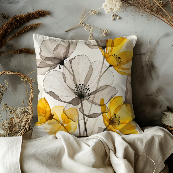 Yellow Gray Poppy Line Art Pillow Cover – Modern Floral Decor