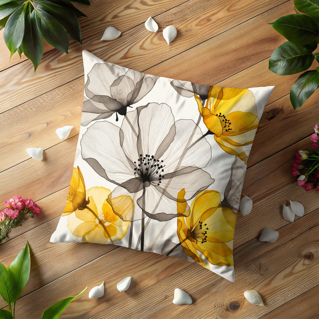 Yellow Gray Poppy Line Art Pillow Cover | Modern Floral Decor