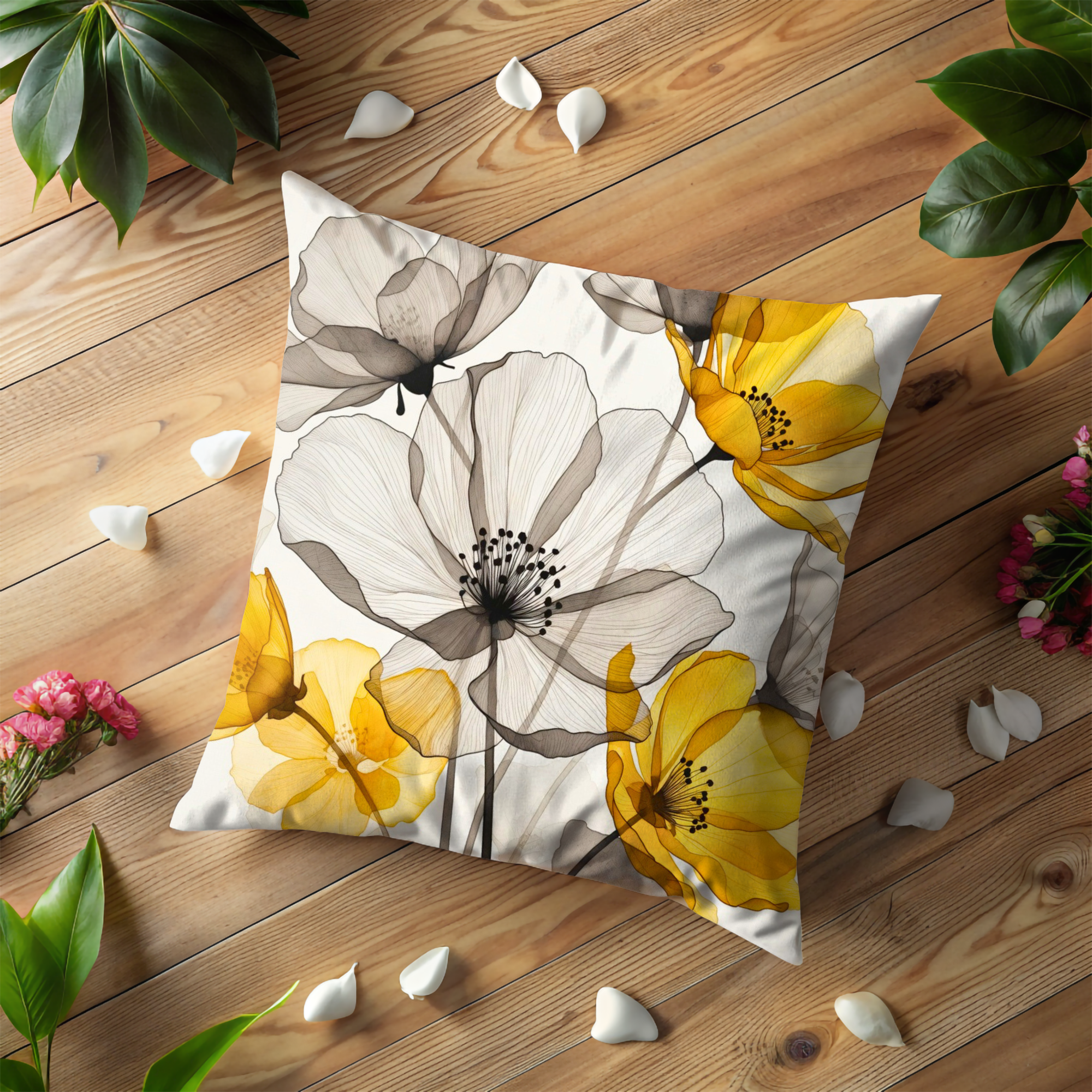Yellow Gray Poppy Line Art Pillow Cover | Modern Floral Decor