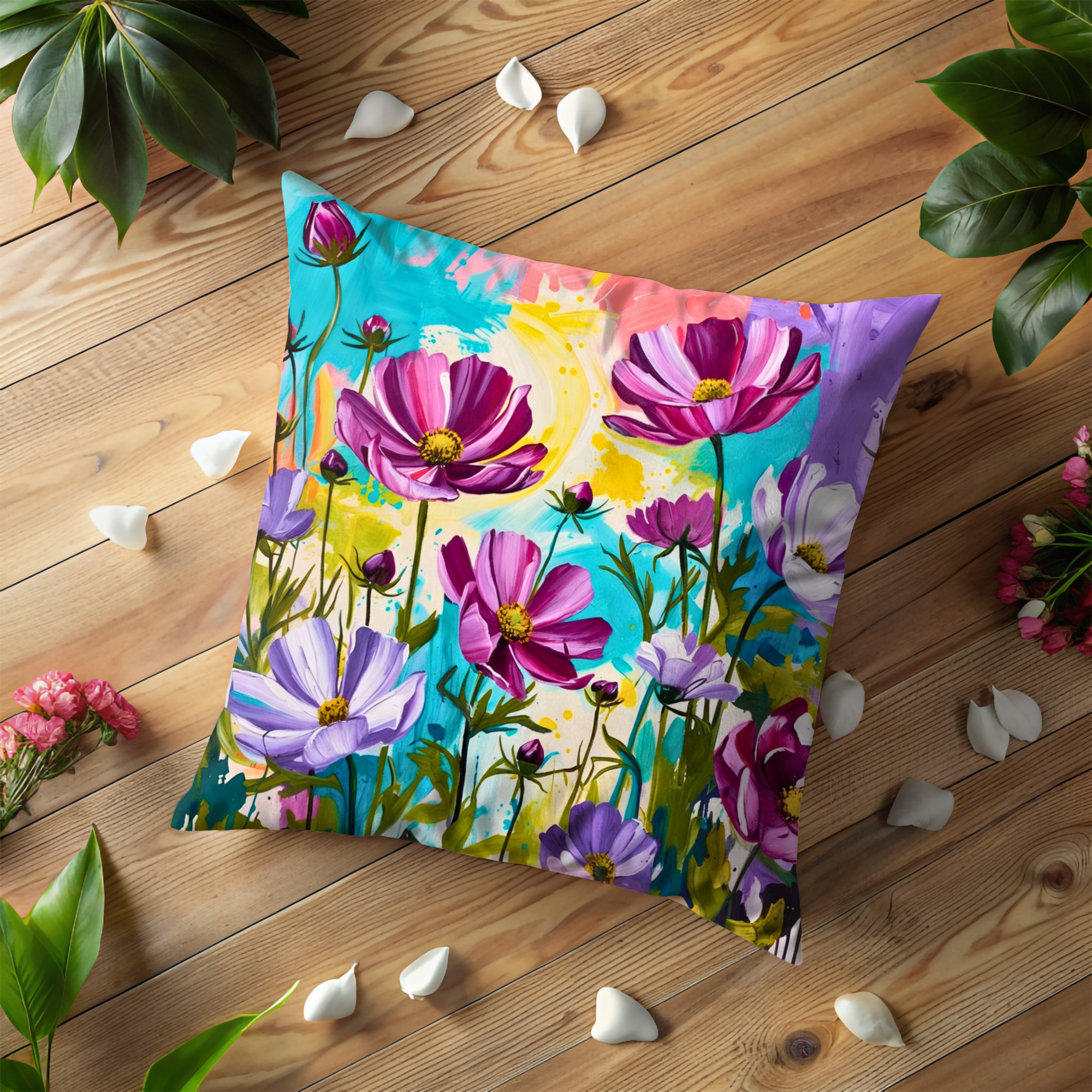 Vibrant Cosmos Pillow Cover | Colorful Floral Art | Cheerful Nature Decor