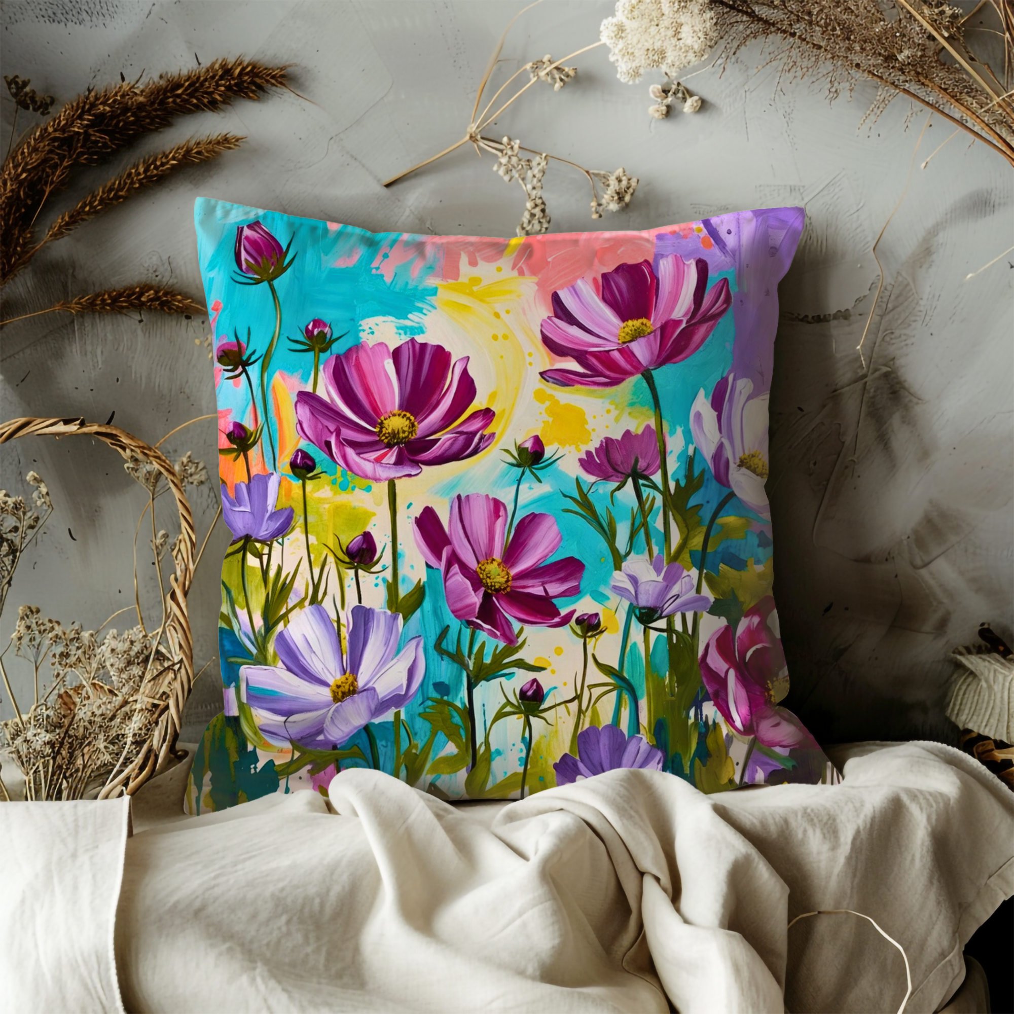 Vibrant Cosmos Pillow Cover | Colorful Floral Art | Cheerful Nature Decor