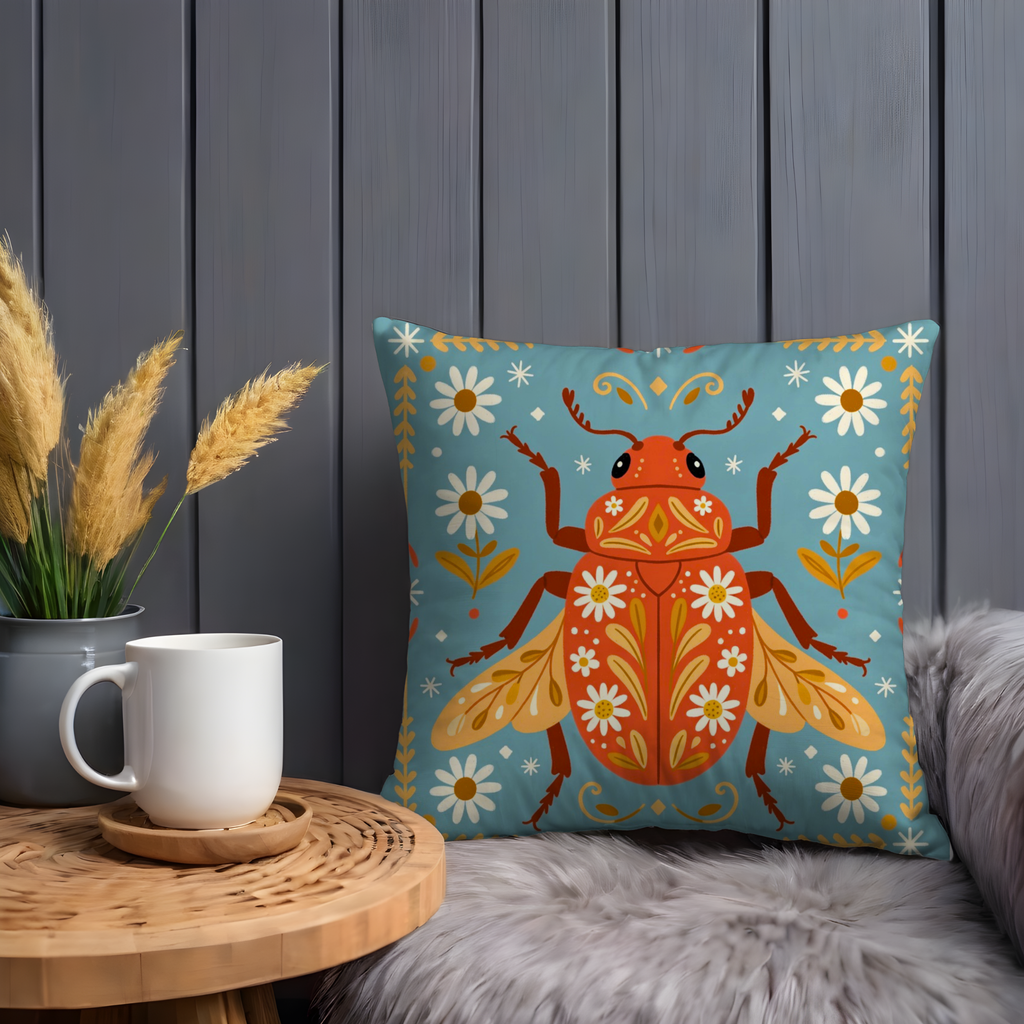 Red Beetle Pillow Cover | Folk Insect Art | Whimsical Decor