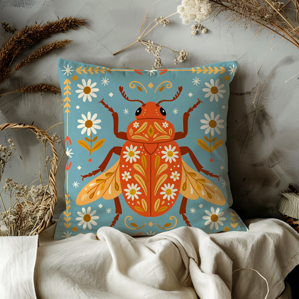 Red Beetle Pillow Cover | Folk Insect Art | Whimsical Decor
