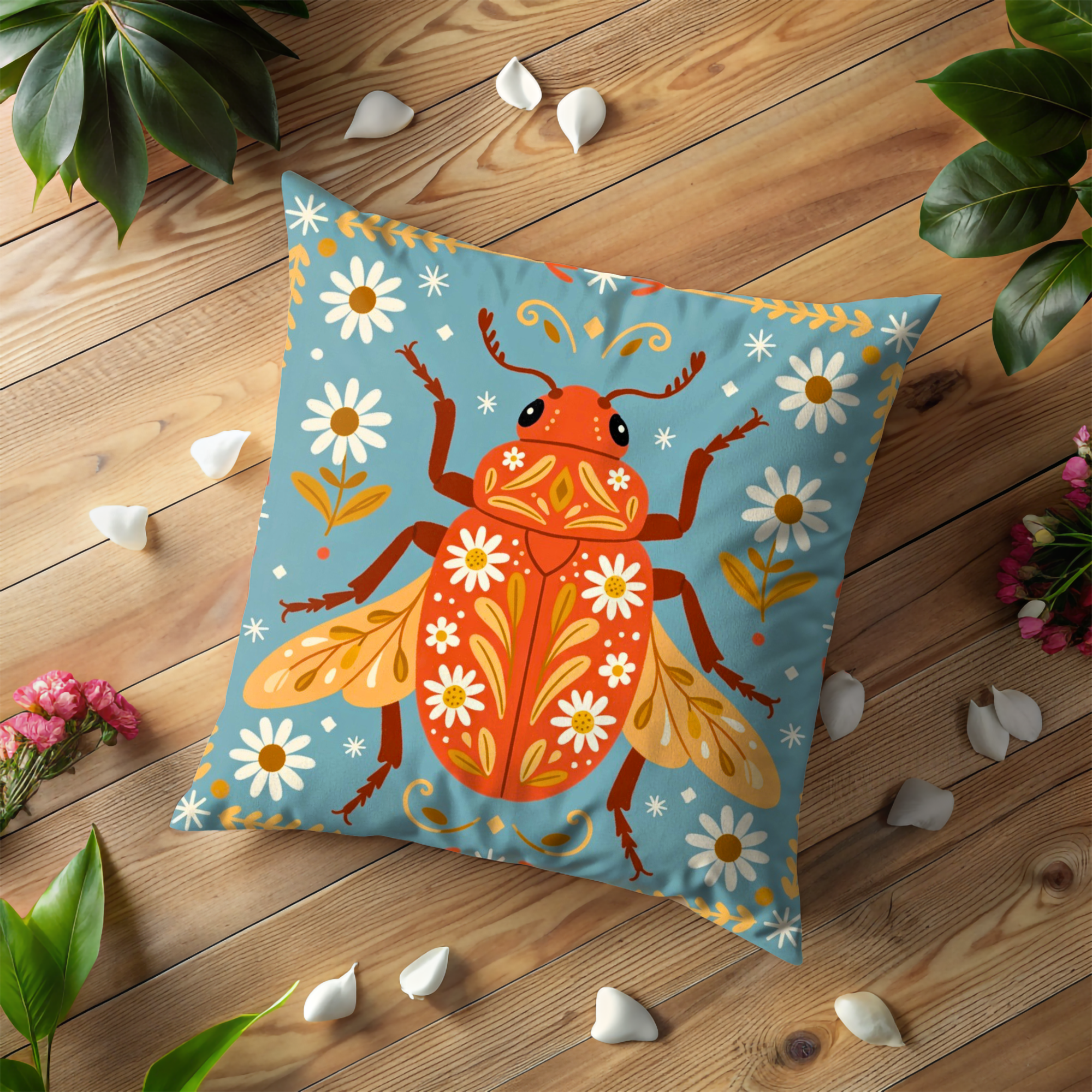 Red Beetle Pillow Cover | Folk Insect Art | Whimsical Decor
