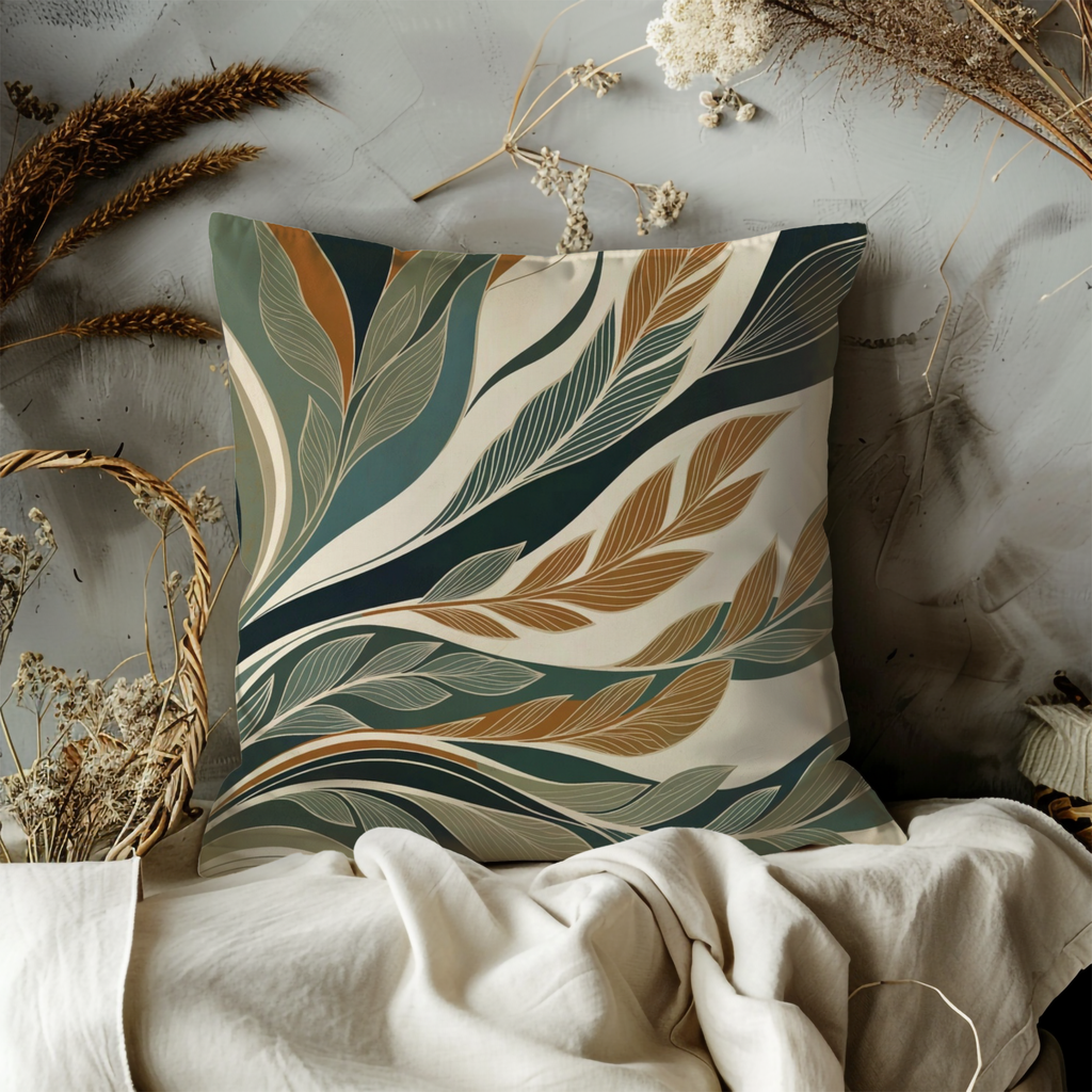 Teal Brown Leaf Pattern Pillow Cover | Modern Botanical Art | Elegant Decor