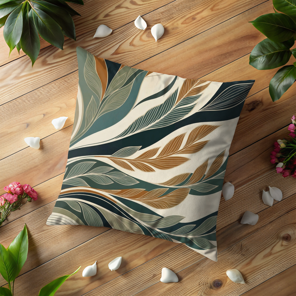 Teal Brown Leaf Pattern Pillow Cover | Modern Botanical Art | Elegant Decor