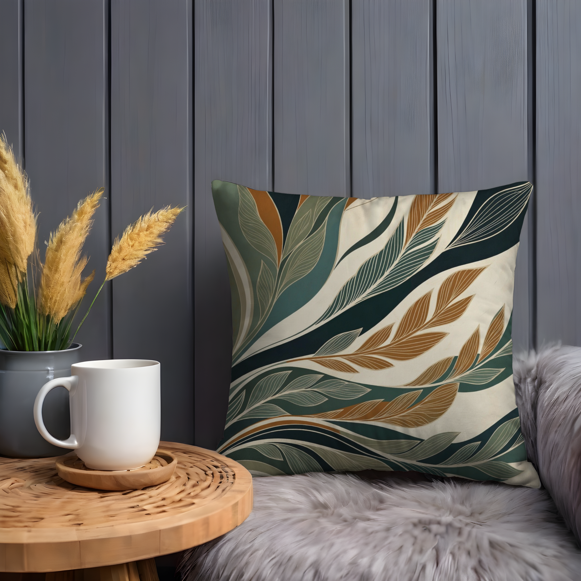Teal Brown Leaf Pattern Pillow Cover | Modern Botanical Art | Elegant Decor