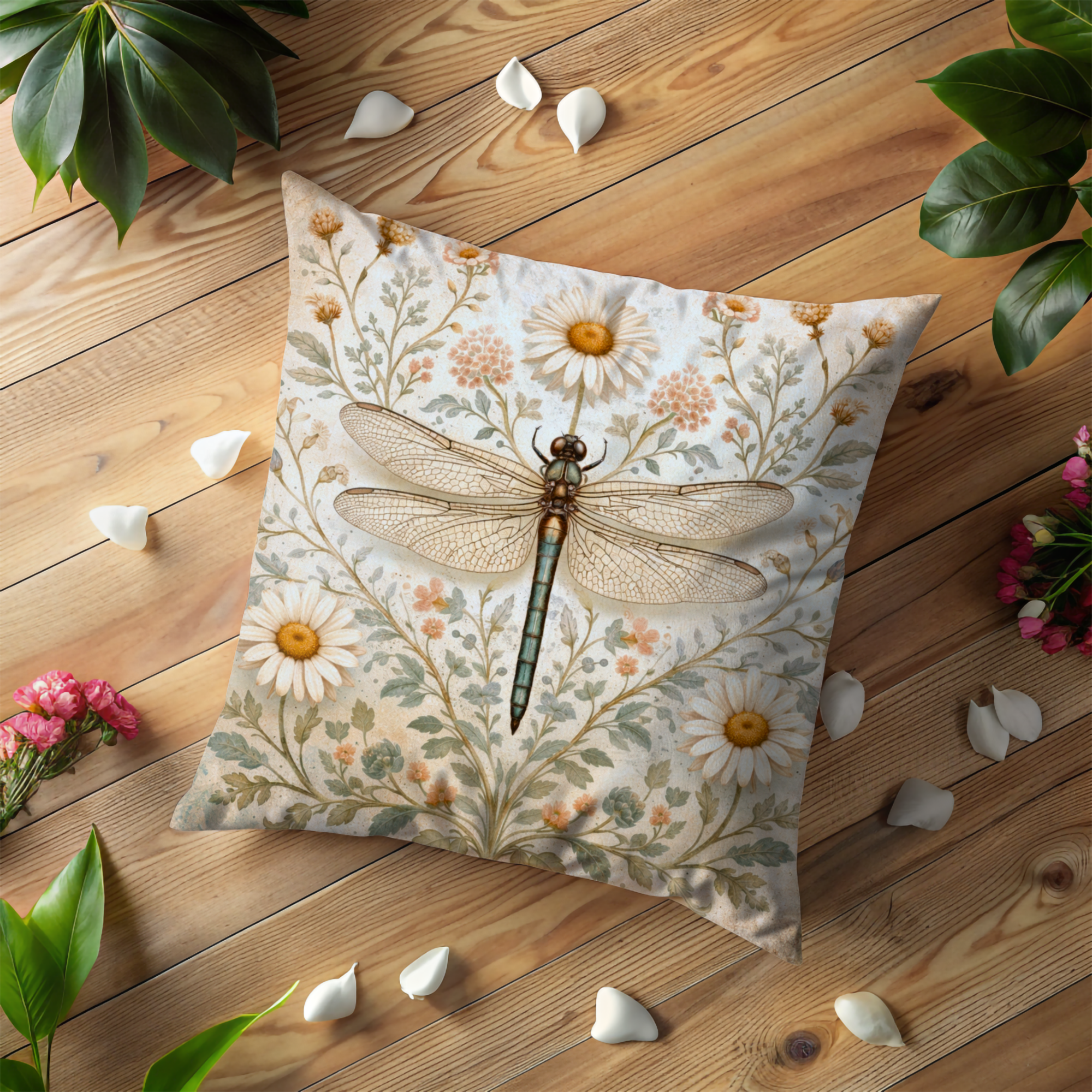 Dragonfly Wildflower Pillow Cover – Elegant Nature Art | Vintage Decor
