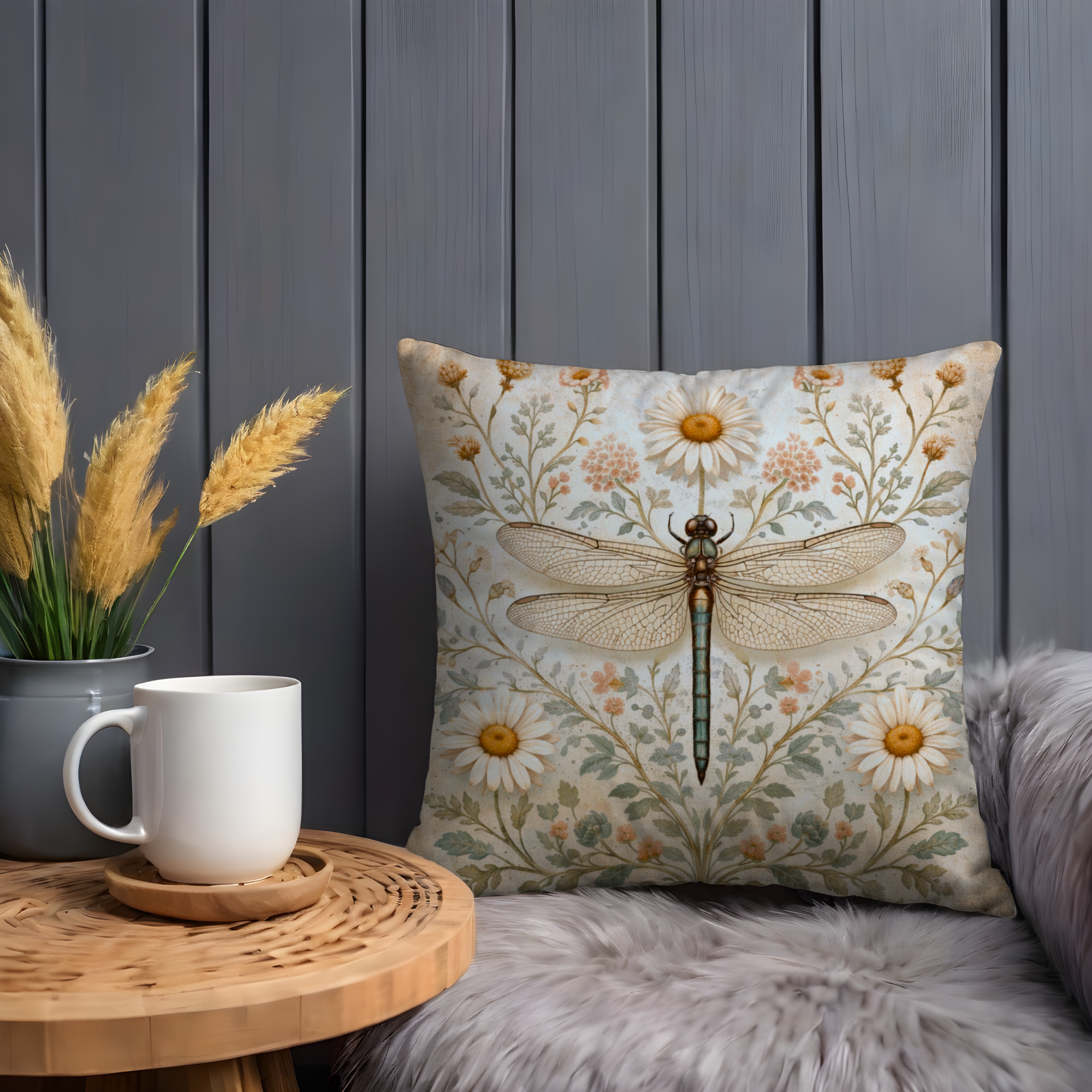 Dragonfly Wildflower Pillow Cover – Elegant Nature Art | Vintage Decor