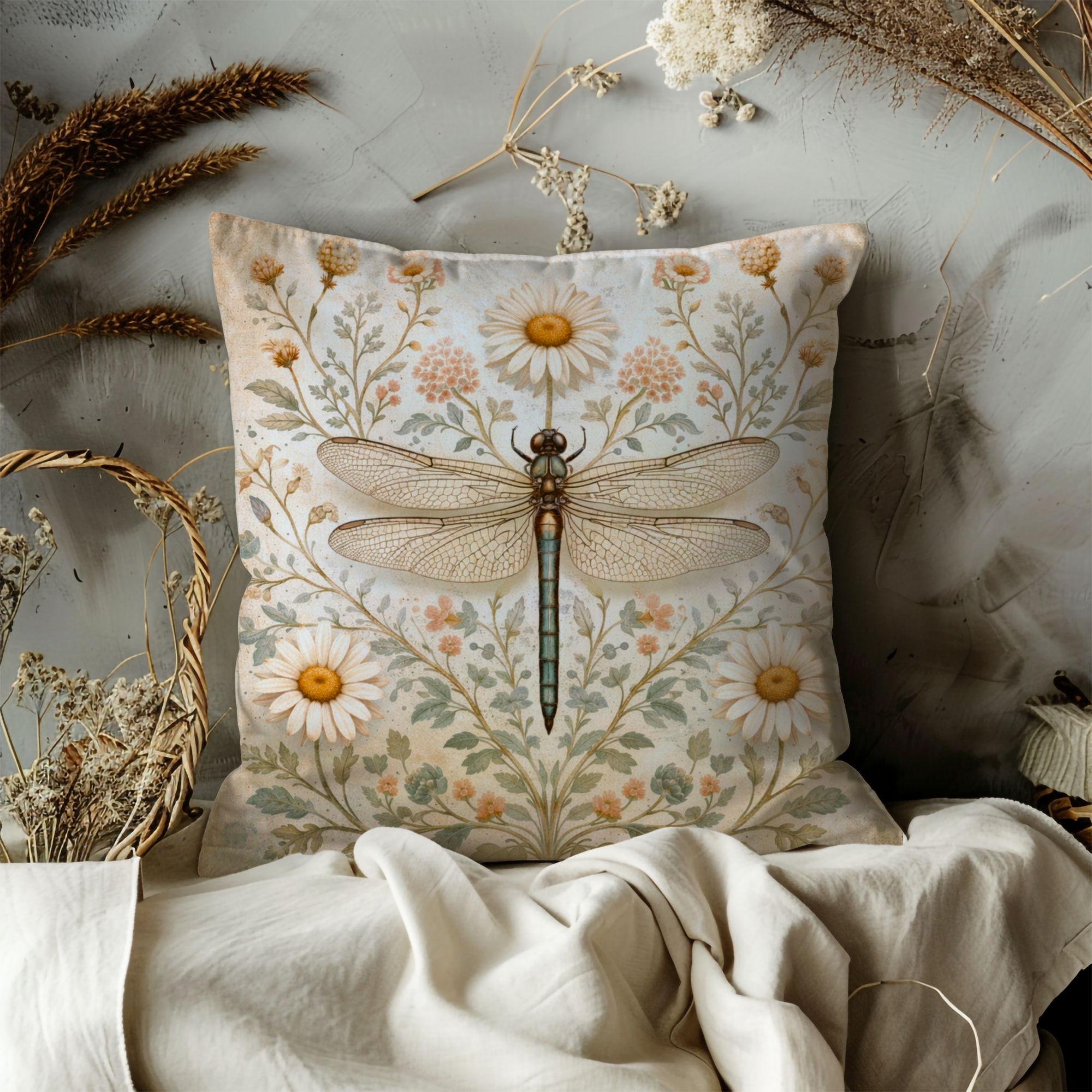 Dragonfly Wildflower Pillow Cover – Elegant Nature Art | Vintage Decor
