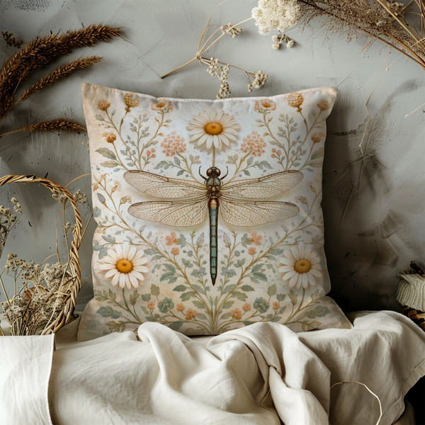 Dragonfly Wildflower Pillow Cover – Elegant Nature Art | Vintage Decor