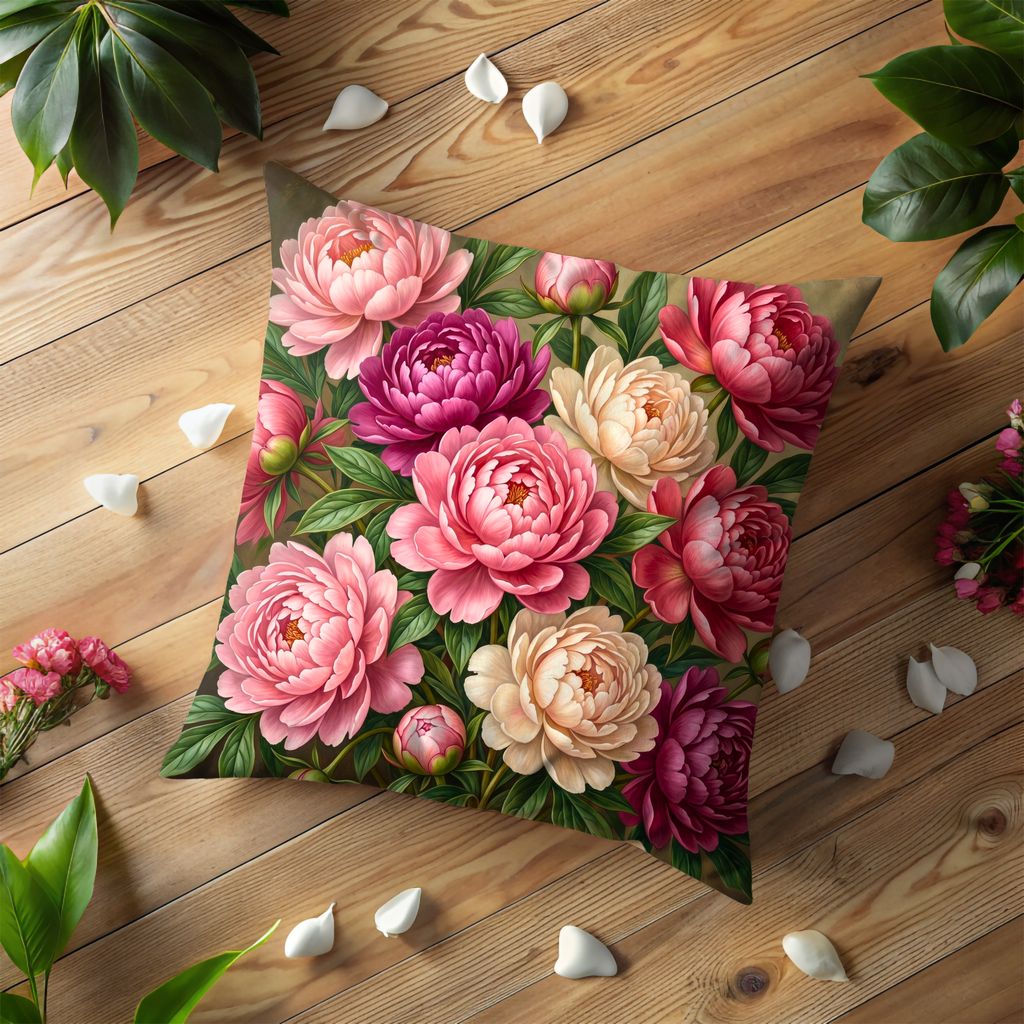 Pink Cream Peony Bouquet Pillow Cover | Luxurious Floral Art | Elegant Decor