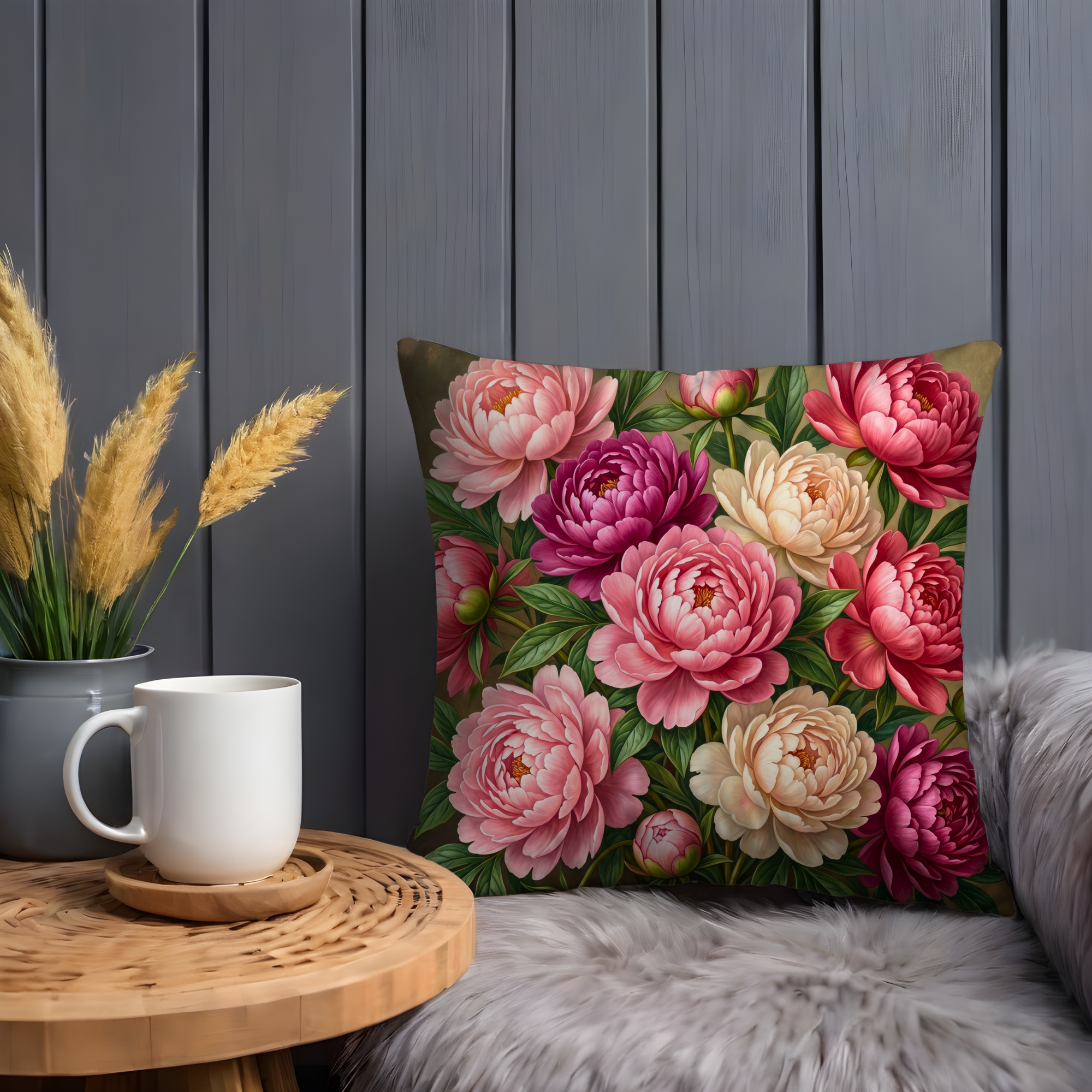 Pink Cream Peony Bouquet Pillow Cover | Luxurious Floral Art | Elegant Decor