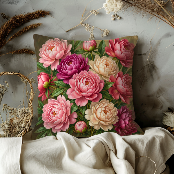 Pink Cream Peony Bouquet Pillow Cover – Luxurious Floral Art | Elegant Decor