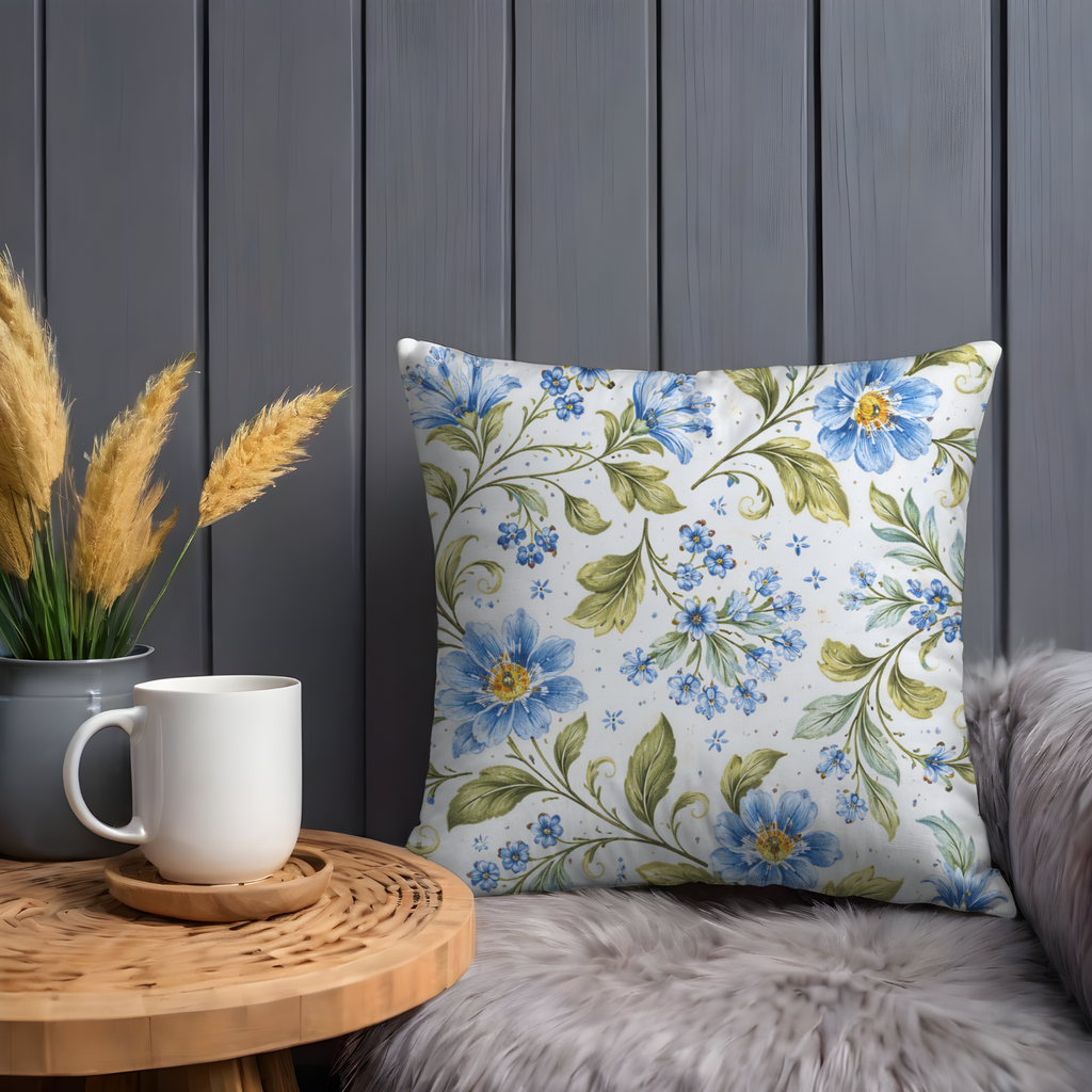 Blue Floral Pillow Cover | Elegant Botanical Art | Soft Nature Decor