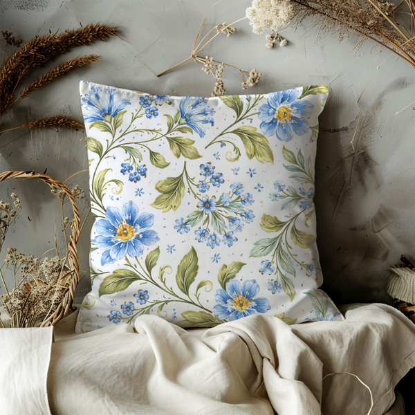 Blue Floral Pillow Cover – Elegant Botanical Art | Soft Nature Decor
