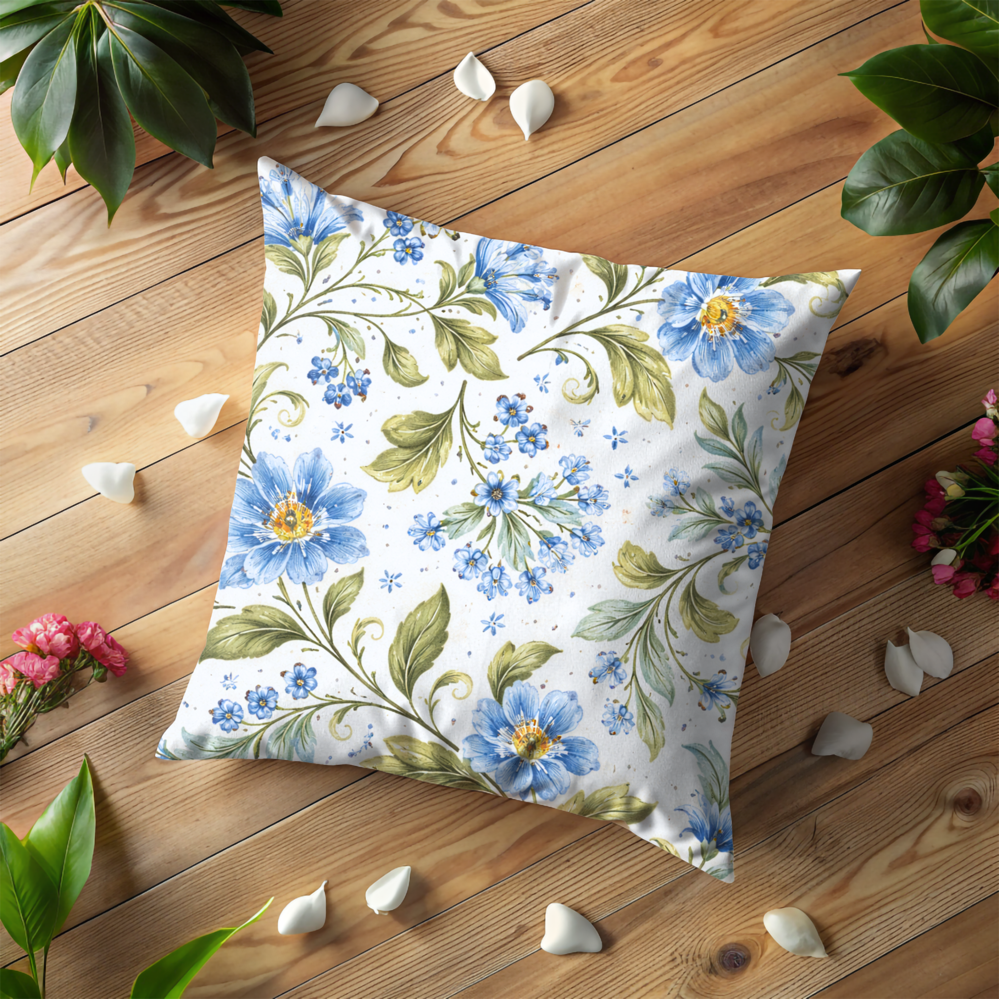 Blue Floral Pillow Cover | Elegant Botanical Art | Soft Nature Decor