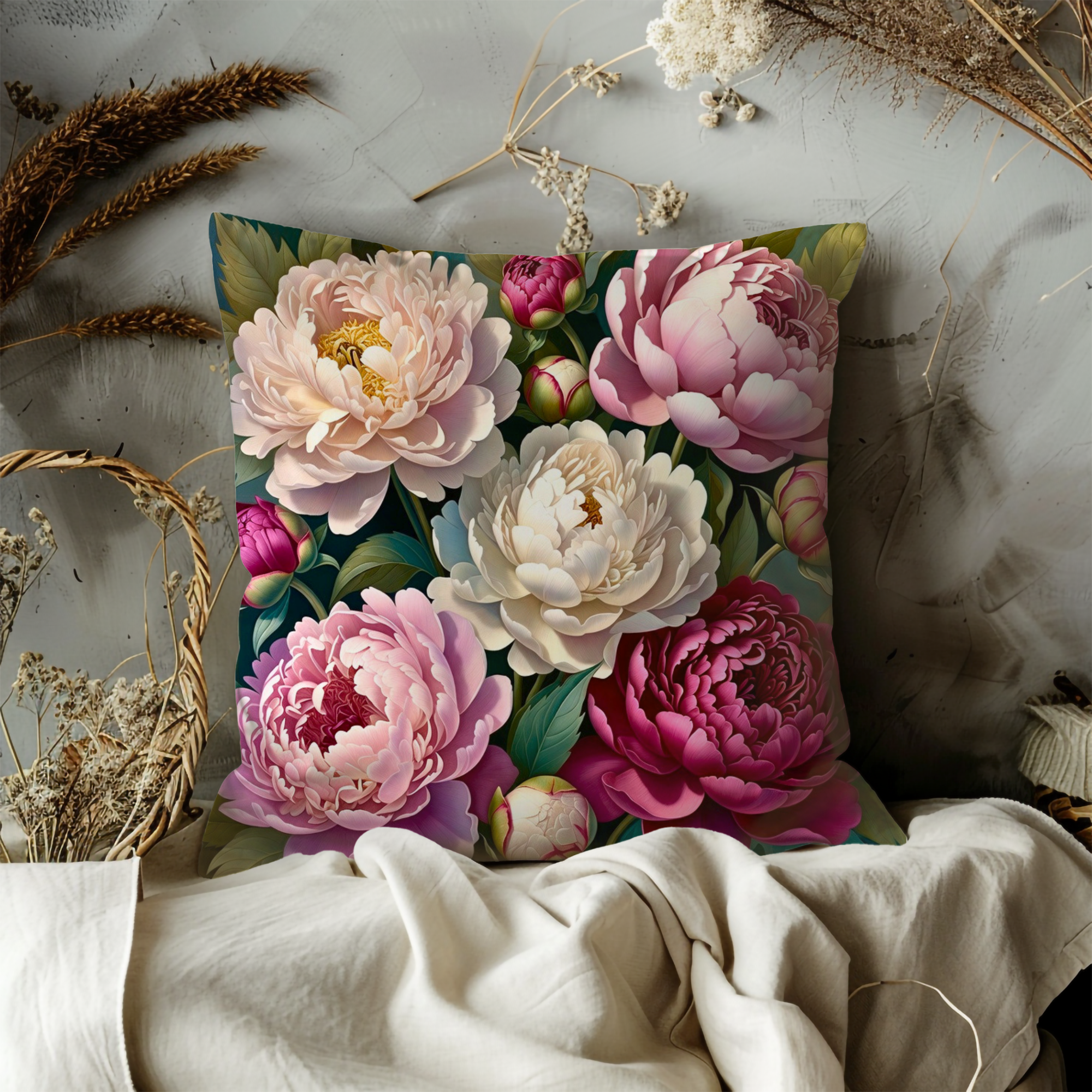 Pink Peony Bouquet Pillow Cover | Luxurious Floral Art | Elegant Decor