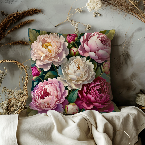 Pink Peony Bouquet Pillow Cover – Luxurious Floral Art | Elegant Decor