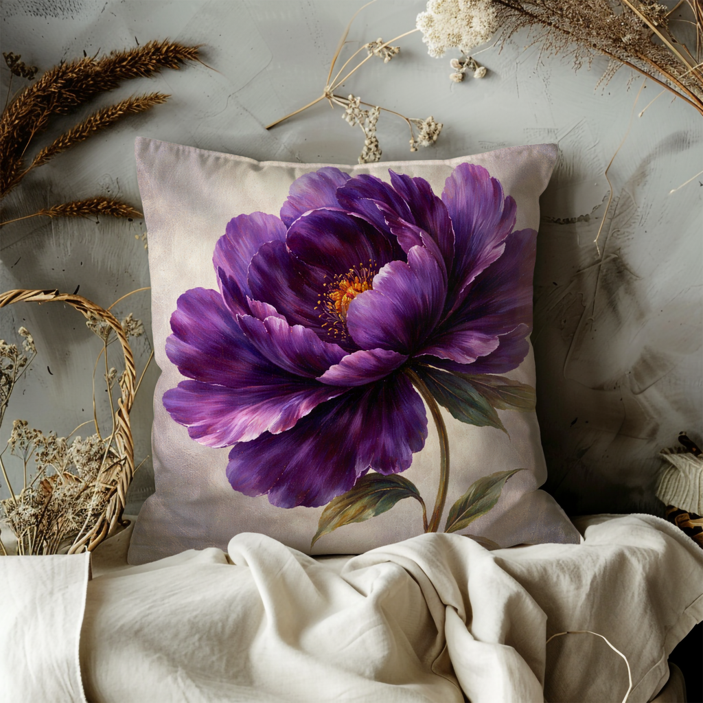 Purple Peony Pillow Cover | Dramatic Floral Art | Elegant Decor
