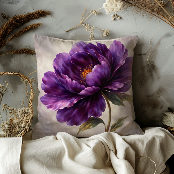 Purple Peony Pillow Cover | Dramatic Floral Art | Elegant Decor