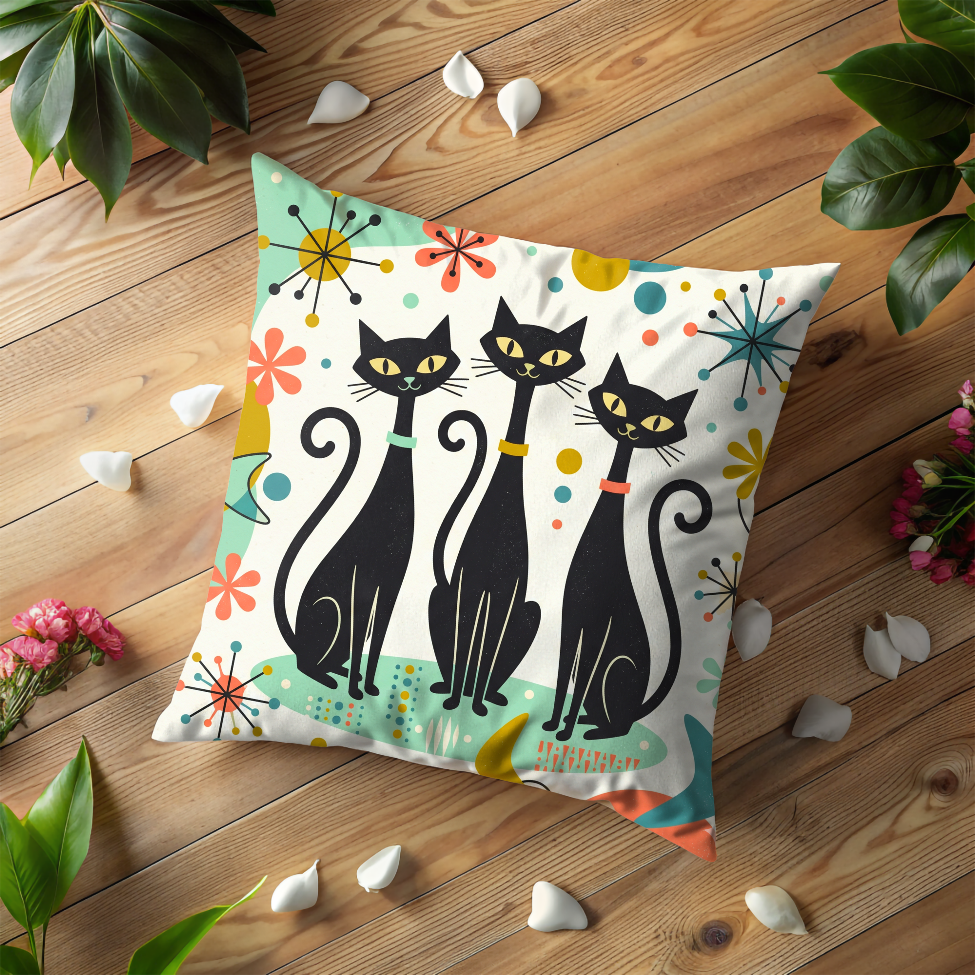Three Black Cats Pillow Cover | Retro Mid Century Art | Whimsical Decor